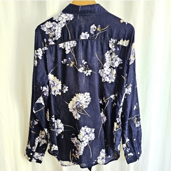 Punt Roma Navy Blue Floral Print Linen Blouse - Picture 10 of 16